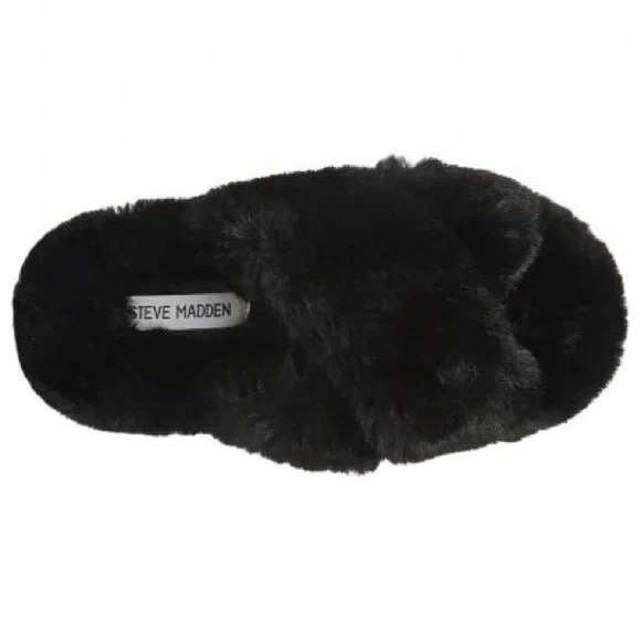 Steve Madden Faux Fur Fluffy Criss Cross Slip On Slippers Black Size S (5-6) - Picture 2 of 7